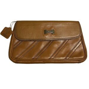 Vintage 70s Contessa Genuine Leather Camel‎ Clutch Bag~Patchwork~ Gold Hardware
